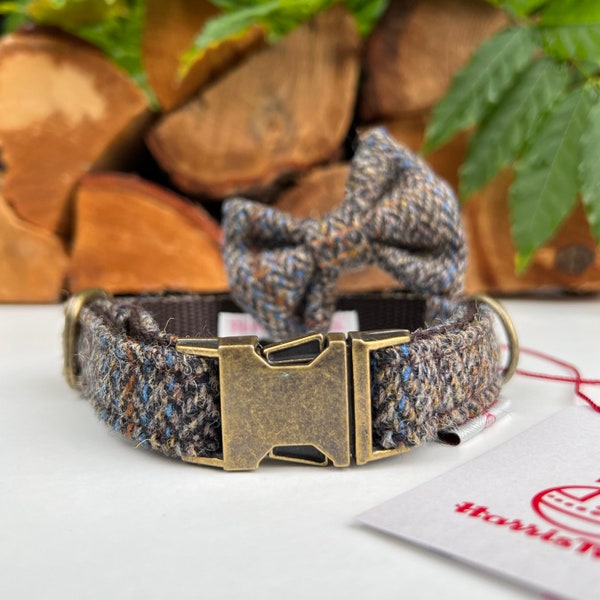 Harris Tweed® Dog Collar Optional Bow and lead  Heritage Brown Blue Herringbone Quick Release Buckles | Dash Of Hounds