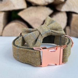 Mustard Tweed Dog Collar optional Bow Lead  Rose Gold Metal Buckle Male Country Dog Puppy Lead Leash | Dash Of Hounds