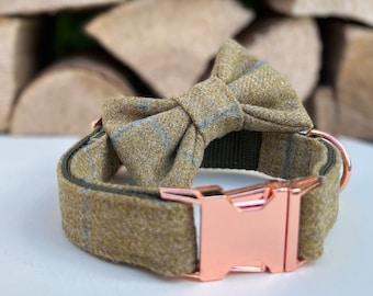 Mustard Tweed Dog Collar optional Bow Lead  Rose Gold Metal Buckle Male Country Dog Puppy Lead Leash | Dash Of Hounds