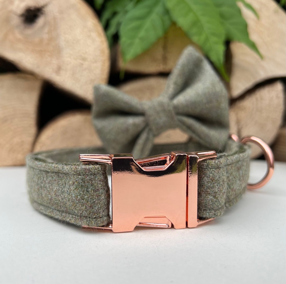 Green Tweed Dog Collar Optional Bow Lead Rose Gold Metal Buckle Male
