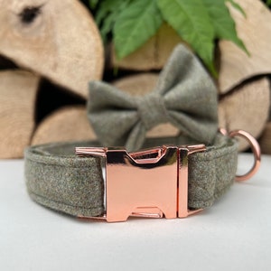 Green Tweed Dog Collar optional Bow Lead  Rose Gold Metal Buckle Male Country Dog Puppy Lead Leash | Dash Of Hounds