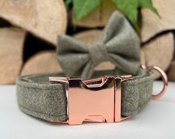 Green Tweed Dog Collar optional Bow Lead  Rose Gold Metal Buckle Male Country Dog Puppy Lead Leash | Dash Of Hounds