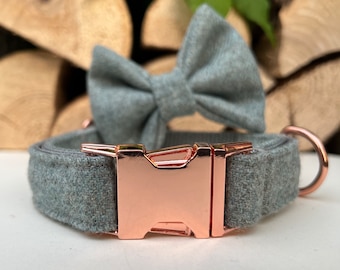 Mint Green & Grey Tweed Dog Collar optional Bow and Lead  Rose Gold Metal Buckle Male Country Dog Puppy Lead Leash | Dash Of Hounds