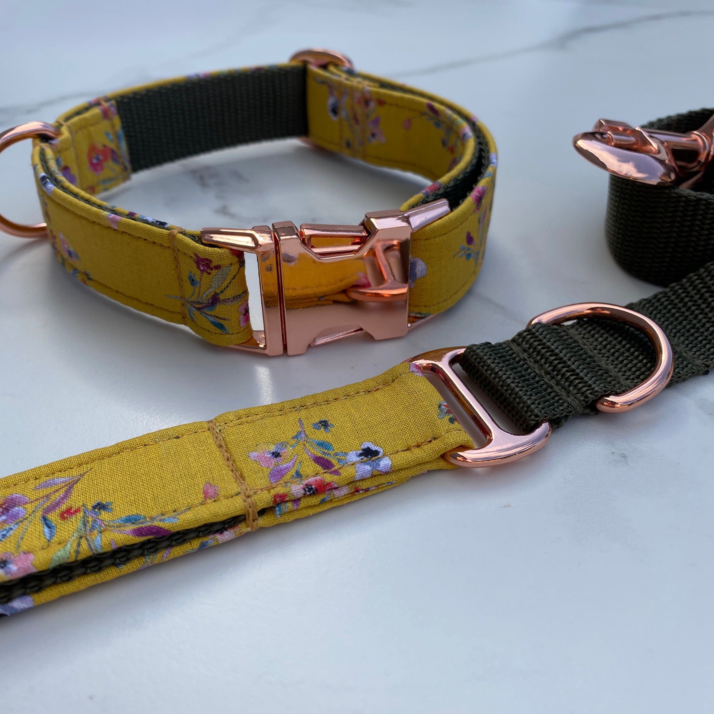 Mustard Yellow Ditsy Floral Dog Collar Bow Lead Set Rose Gold Etsy UK