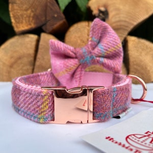 Harris Tweed® Dog Collar Optional Bow and lead  Rose Pink Gold, Silver, Matte Black Quick Release Buckles | Dash Of Hounds