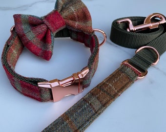 Autumn Khaki Tweed Dog Collar, Bow Lead Set Rose Gold Metal Buckle Quick Release Female Country Dog Puppy Leash | Hunter co