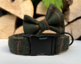 Green Tweed Dog Collar optional Bow Lead  Rose Gold Metal Buckle Male Country Dog Puppy Lead Leash | Hunter co