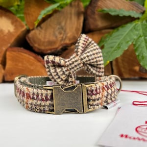 Harris Tweed® Khaki Green Dogtooth Dog Collar Optional Bow and lead Antique Brass Quick Release Buckles | Dash Of Hounds