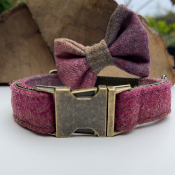 Mauve Meadow Check Pink Tweed Dog Collar Optional Bow Lead Metal Buckle Quick Release Female Country Dog Puppy Leash | Dash Of Hounds