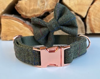 Green Tweed Dog Collar Optional Bow Lead  Rose Gold Metal Buckle Male Country Dog Puppy Lead Leash | Dash Of Hounds