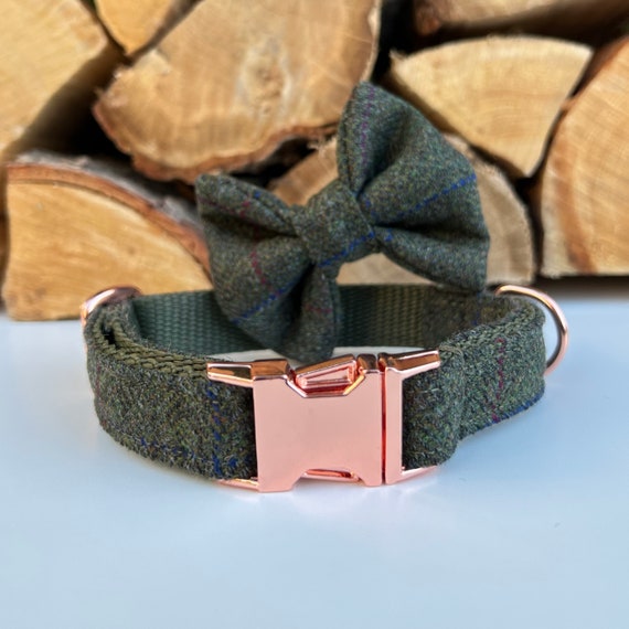 Green Tweed Dog Collar Optional Bow Lead Rose Gold Metal Etsy UK