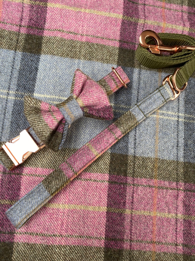 May include: A pink and blue plaid dog collar and matching bow tie. The collar has a gold buckle and the bow tie is tied with a loop.