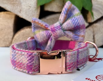 Harris Tweed® Dog Collar Optional Bow and lead  Pastel Pink Quick Release Buckles | Dash Of Hounds