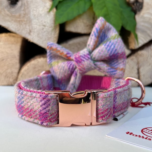 Harris Tweed® Dog Collar Optional Bow and lead  Pastel Pink Quick Release Buckles | Dash Of Hounds