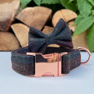May include: A dark green and brown tweed dog collar with a rose gold buckle and matching bow tie.