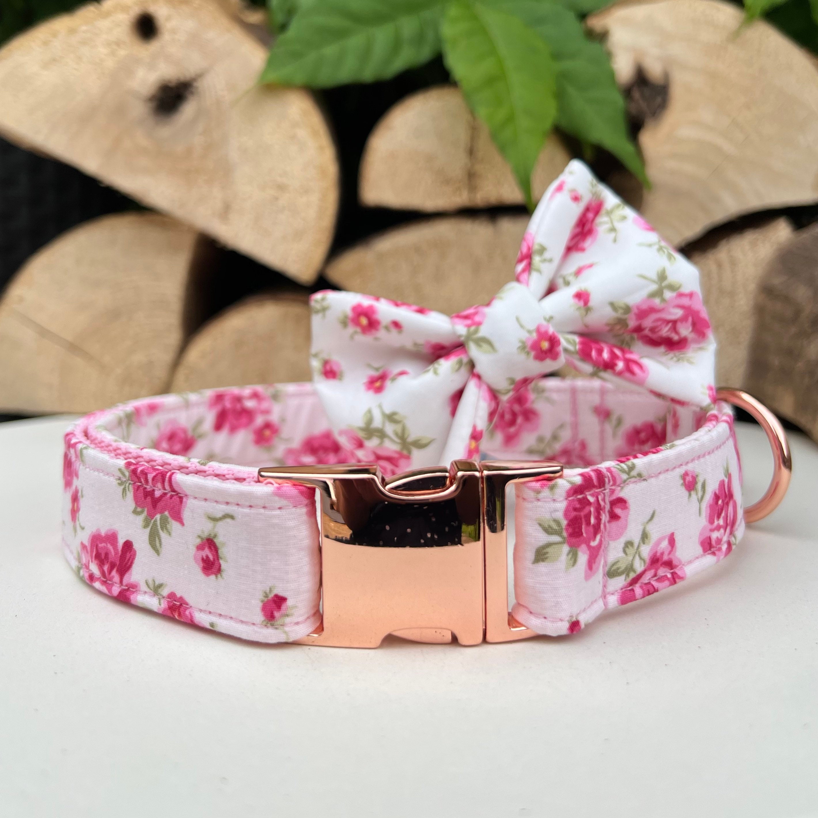 White Pink Ditsy Floral Dog Collar Bow Lead Set Rose Gold - Etsy UK