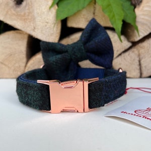 Harris Tweed® Blackwatch tartan Dog Collar Optional Bow and Lead  with Rose Gold Metal Buckle Quick Release  Country Dog Puppy Leash