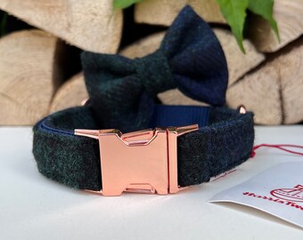 Harris Tweed® Blackwatch tartan Dog Collar Optional Bow and Lead  with Rose Gold Metal Buckle Quick Release  Country Dog Puppy Leash