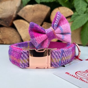Harris Tweed® Dog Collar Optional Bow & Lead  Pink Purple Rose Gold, Silver, Matte Black Metal Buckle Female Dog Puppy Leash | Hunter co
