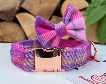 Harris Tweed® Dog Collar Optional Bow & Lead  Pink Purple Rose Gold, Silver, Matte Black Metal Buckle Female Dog Puppy Leash | Hunter co