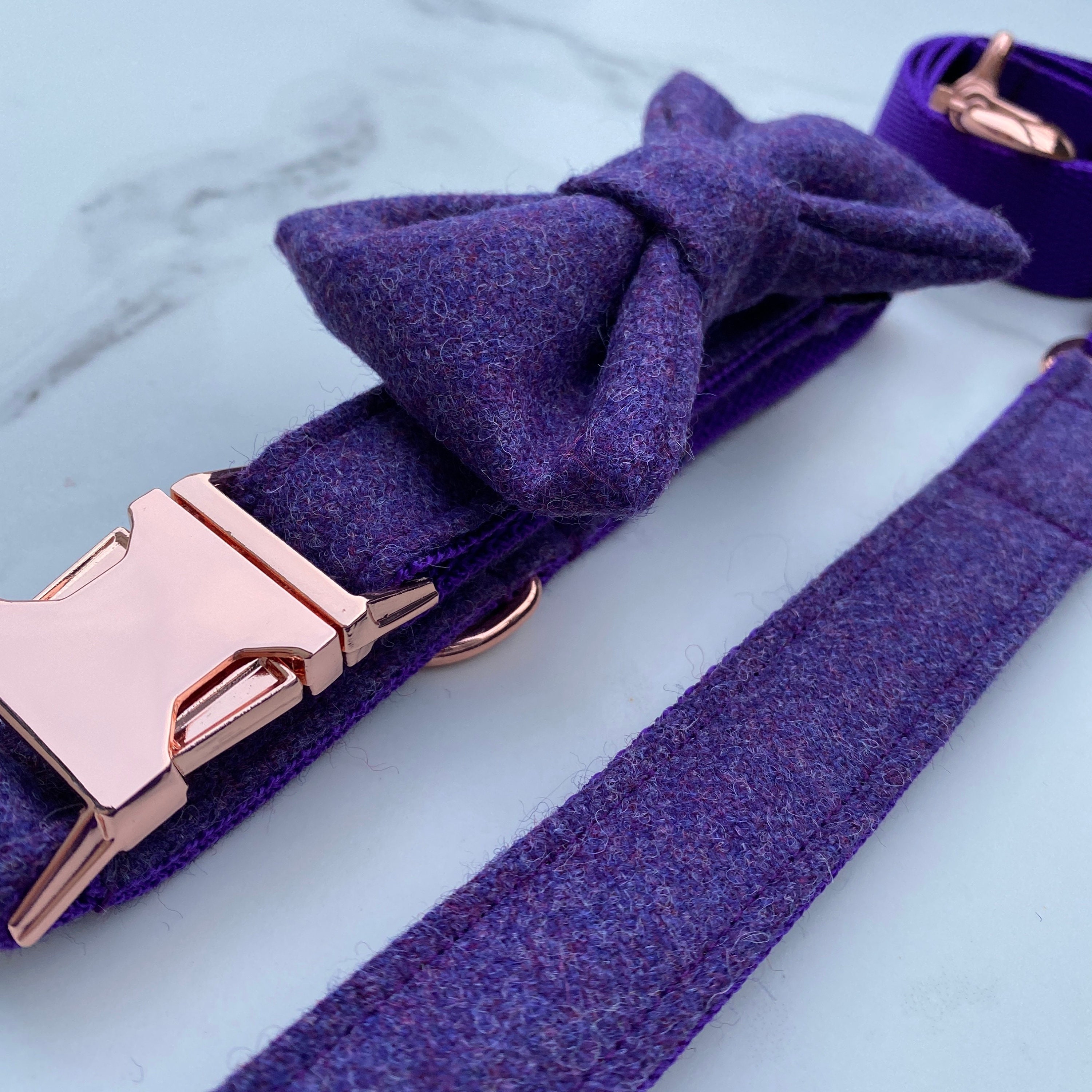 Purple Tweed Dog Collar Bow Lead Set Rose Gold Metal Buckle | Etsy UK