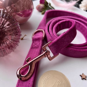 May include: A pink velvet dog leash with a rose gold metal clasp. The leash is rolled up and the clasp is visible.