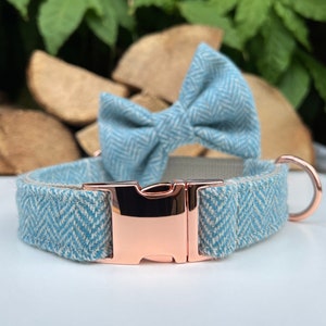 Turquoise Blue Tweed Dog Collar optional Bow and Lead  Aqua Herringbone Rose Gold Metal Buckle Male Country Dog Puppy Lead Leash