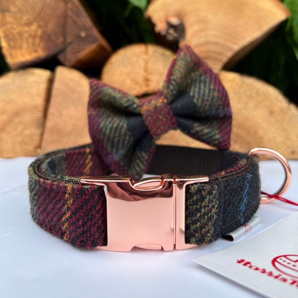 Harris Tweed® Dog Collar Optional Bow and lead  Autumn Brown Quick Release Buckles | Hunter & Co.