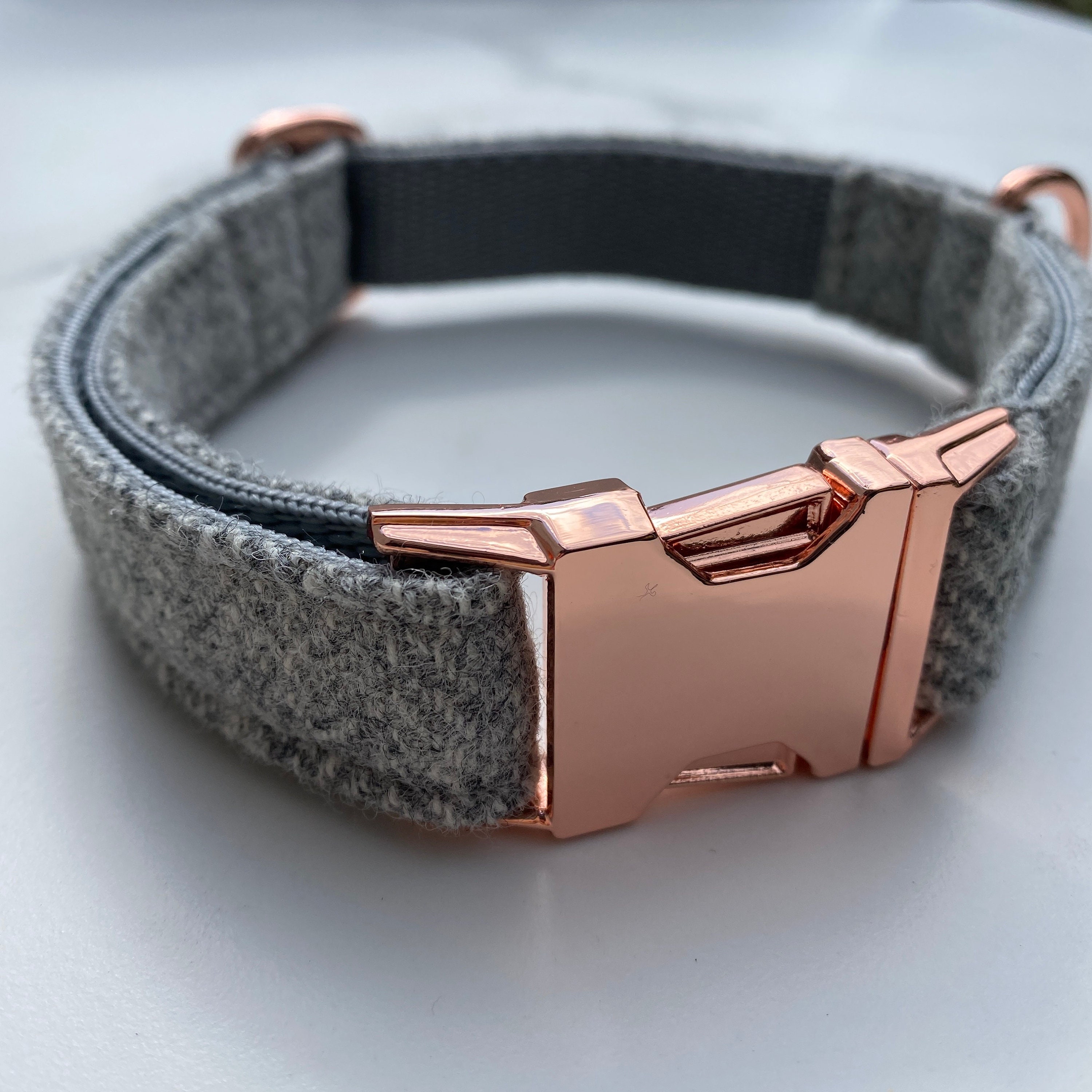 Light Grey Tweed Dog Collar Bow and Lead Set Rose Gold Metal Etsy UK