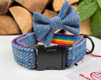 Harris Tweed® Dog Collar Optional Bow and Lead  Rainbow Rose Gold Metal Buckle Male Female Country Dog Puppy Lead Leash | Dash Of Hounds