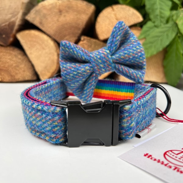 Harris Tweed® Dog Collar Optional Bow and Lead  Rainbow Rose Gold Metal Buckle Male Female Country Dog Puppy Lead Leash | Dash Of Hounds