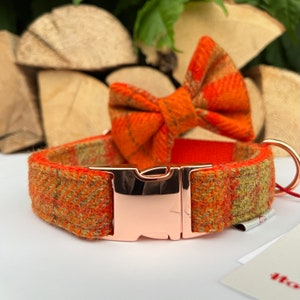 Harris Tweed® Dog Collar Optional Bow and lead  Orange Khaki Quick Release Buckles | Dash Of Hounds