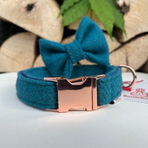 Turquoise Aqua Blue Harris Tweed® Dog Collar Optional Bow Lead  Rose Gold Metal Buckle Male Country Dog Puppy Lead Leash | Dash Of Hounds