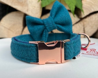Turquoise Aqua Blue Harris Tweed® Dog Collar Optional Bow Lead  Rose Gold Metal Buckle Male Country Dog Puppy Lead Leash | Dash Of Hounds