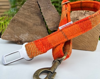 Harris Tweed® Orange Khaki Dog Seat Belt Car Lead | Rose Gold Metal Hardware | Female Country Dog Puppy Lead Leash | Dash Of Hounds