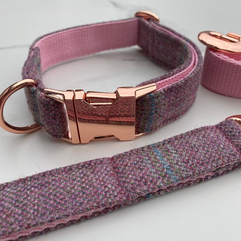 Rose Pink Tweed Dog Collar Bow Lead Set Rose Gold Metal Etsy