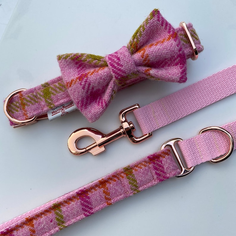 Genuine Harris Tweed® Dog Collar Bow and Lead Set Pink Rose Etsy UK