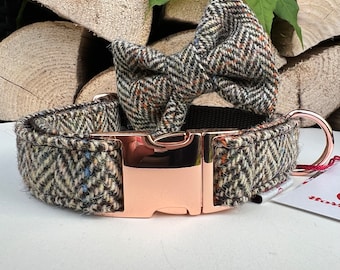 Harris Tweed® Dog Collar Optional Bow and lead  Heritage Brown Herringbone Quick Release Buckles | Dash Of Hounds