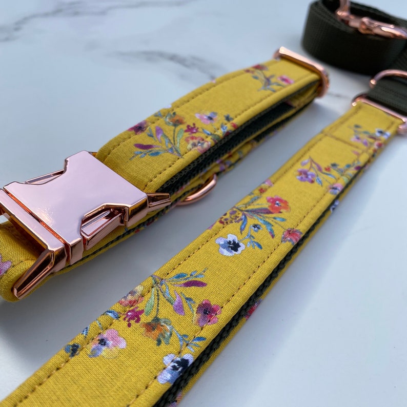 Mustard Yellow Ditsy Floral Dog Collar Bow Lead Set Rose Gold Etsy UK