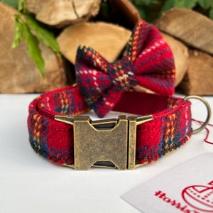 Harris Tweed® Dog Collar Optional Bow and lead  Christmas Red Tartan Rose Gold Quick Release Buckles | Dash Of Hounds