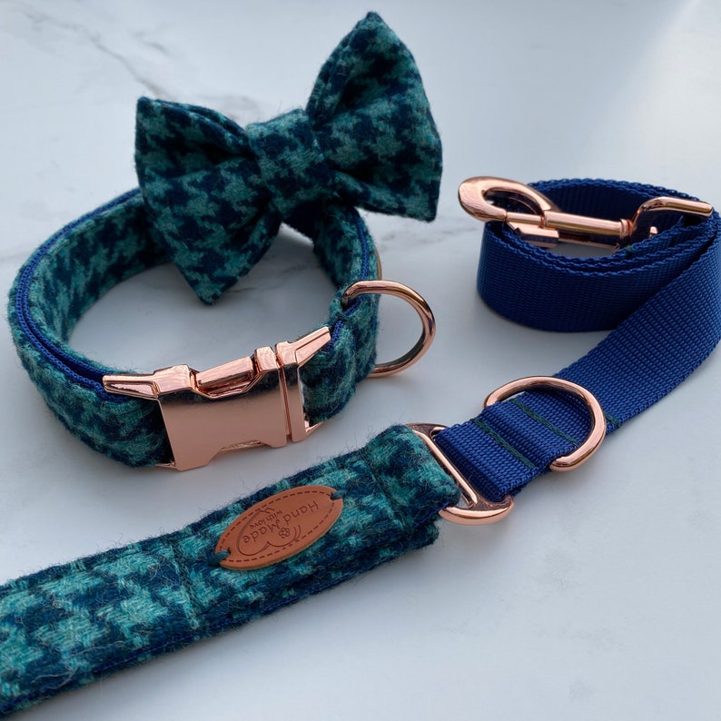 Turquoise Blue Tweed Dog Collar Bow and Lead Set Rose Gold Etsy