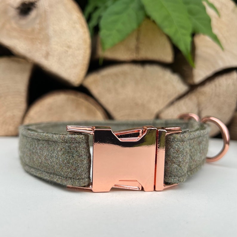 Green Tweed Dog Collar Bow Lead Set Rose Gold Metal Buckle Etsy