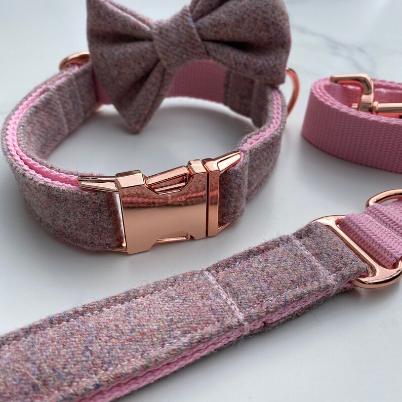 Blush Pink Tweed Dog Collar Bow Lead Set Rose Gold Metal Etsy