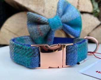 Harris Tweed® Dog Collar Optional Bow Lead  Cyan Blue Green Rose Gold Metal Buckle Male Country Dog Puppy Lead Leash | Dash Of Hounds