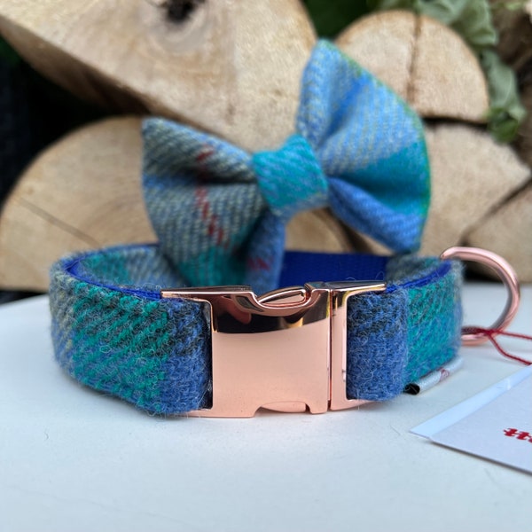 Harris Tweed® Dog Collar Optional Bow Lead  Cyan Blue Green Rose Gold Metal Buckle Male Country Dog Puppy Lead Leash | Dash Of Hounds