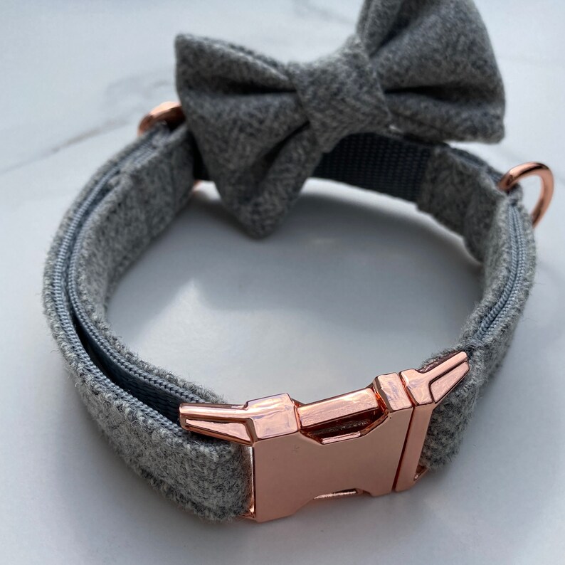 Light Grey Tweed Dog Collar Bow and Lead Set Rose Gold Metal Etsy UK