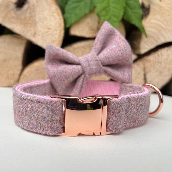 Blush Pink Tweed Dog Collar Optional Bow Lead Rose Gold Metal Etsy
