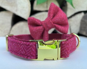 Candy Pink Red Tweed Dog Collar Optional Bow Lead  Rose Gold Metal Buckle Quick Release Female Country Dog Puppy Leash | Dash Of Hounds