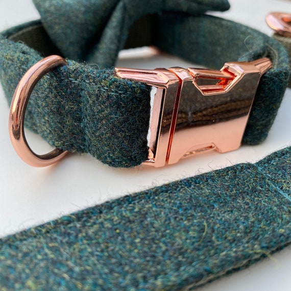 Teal Green Tweed Dog Collar Bow Lead Set Rose Gold Metal Etsy