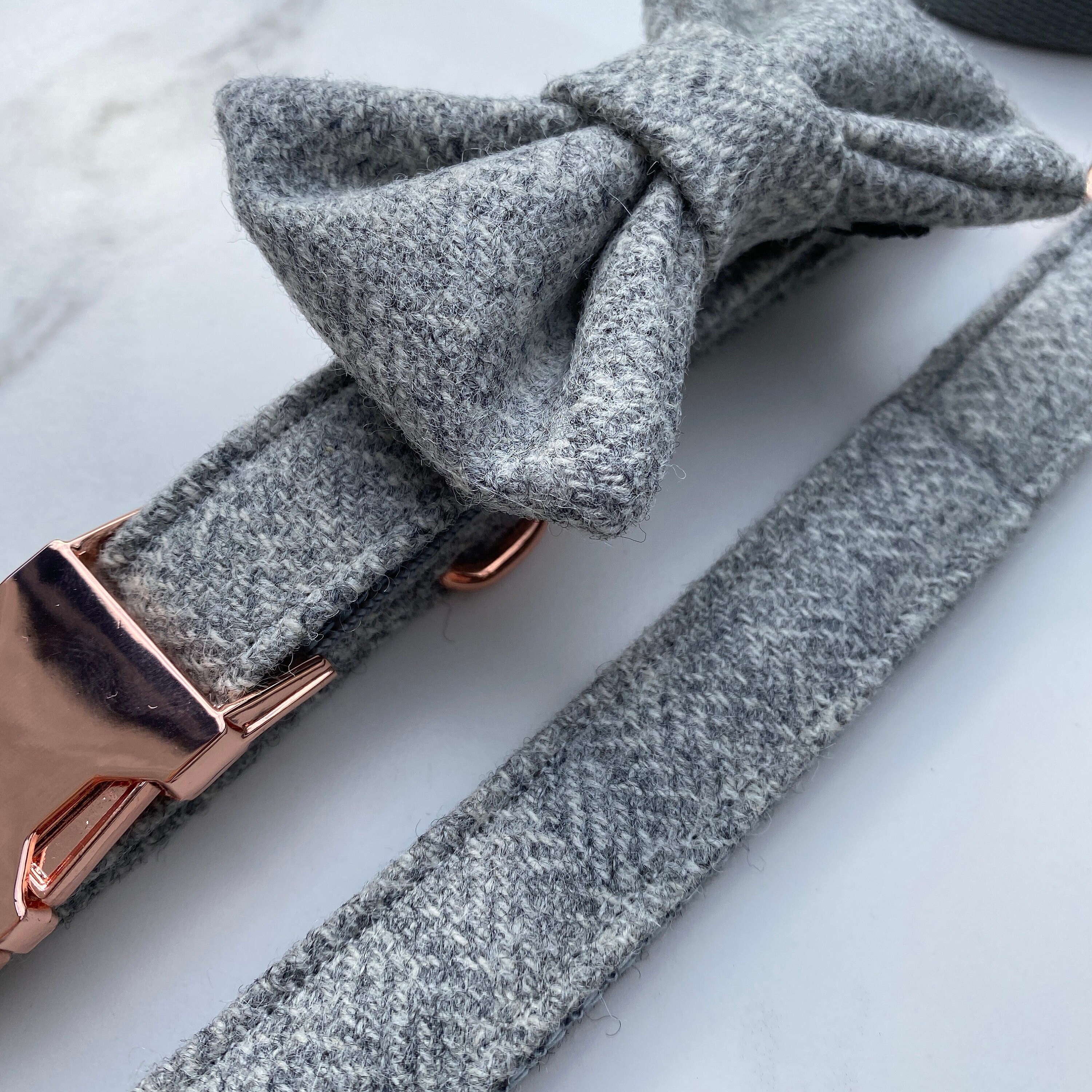 Light Grey Tweed Dog Collar Bow and Lead Set Rose Gold Metal Etsy UK